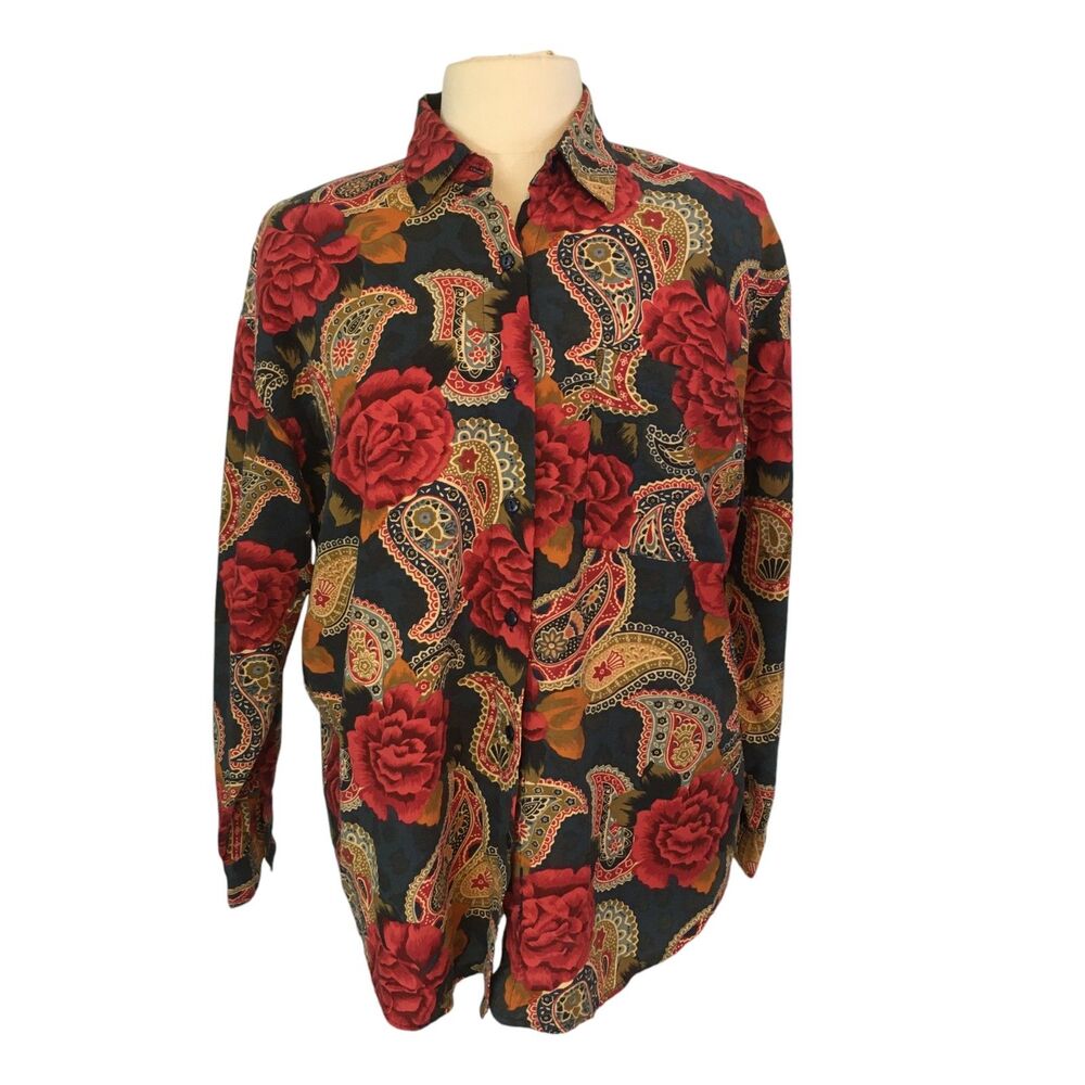 Gitano Vintage Womens Earthtones Floral‎ Button Front Shirt, Blouse M